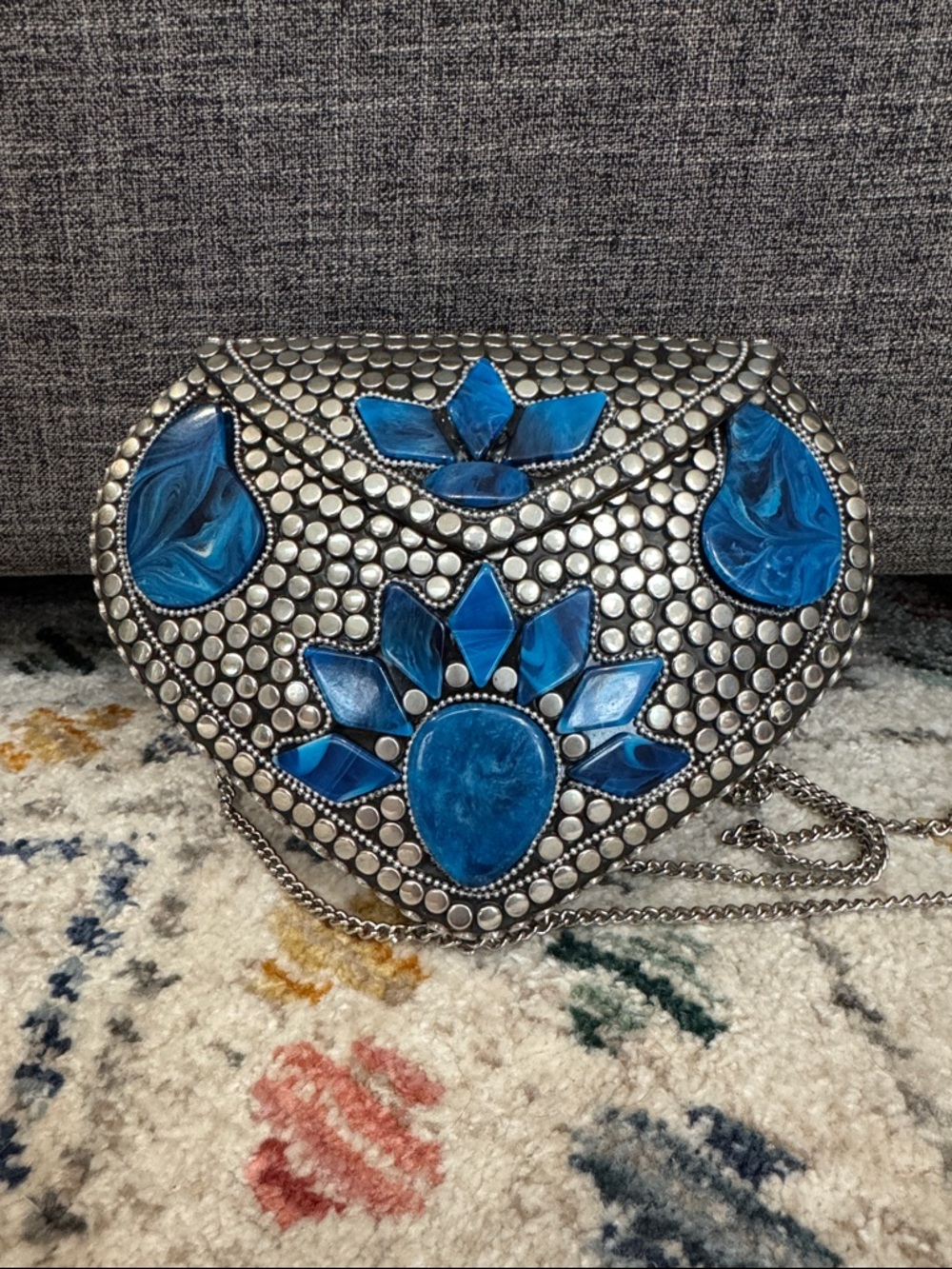 Metal Heart Clutch Blue Stone Studded Chain Bag Boho Rockstar Statement Piece